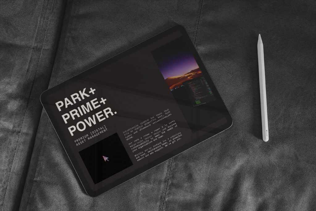 an iPad featuring content from the "Park + Prime + Powered" section of the Managed Digital pitch deck
